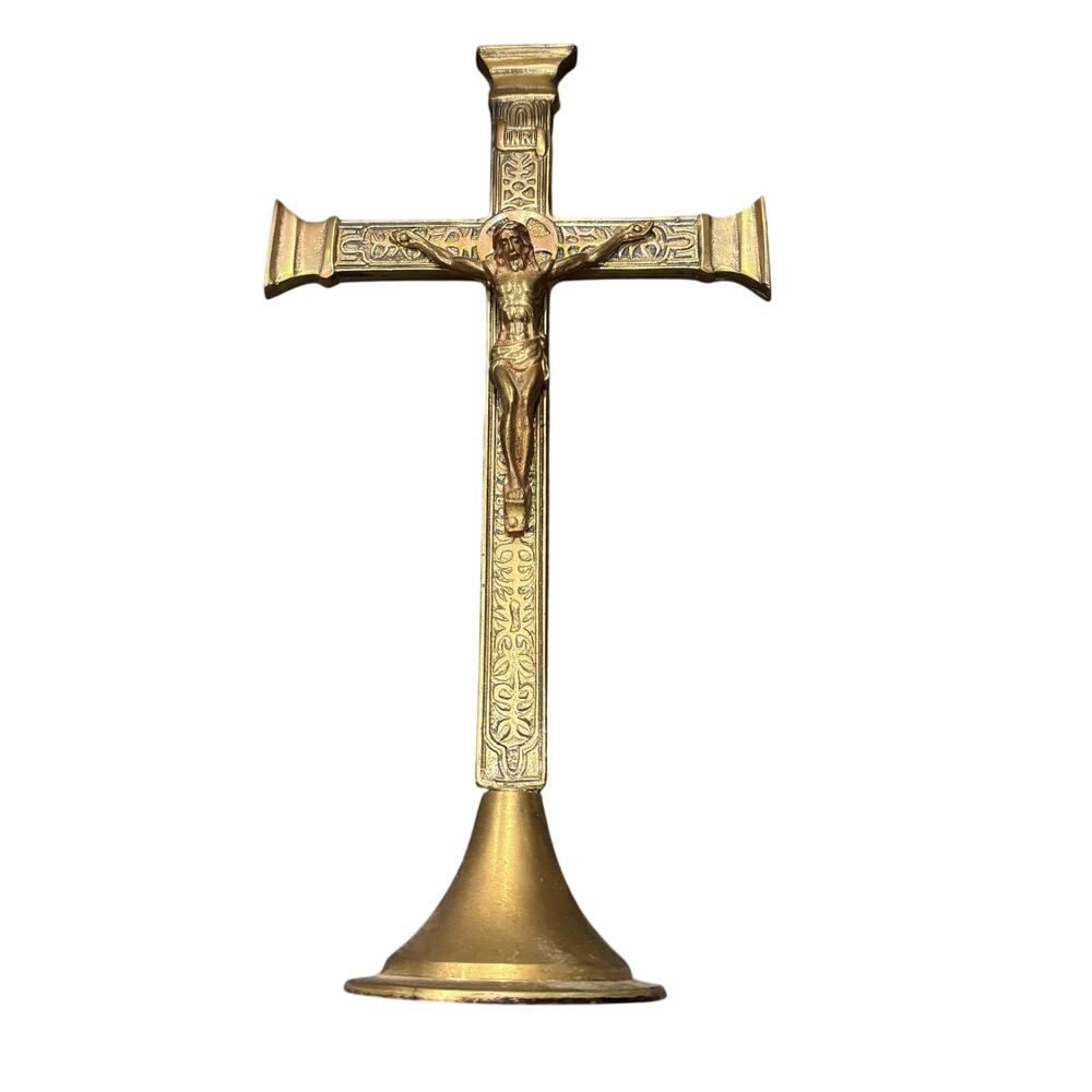 Vintage 1950s Altar Crucifix Cross 12" Ornate Brass Jesus on the Cross